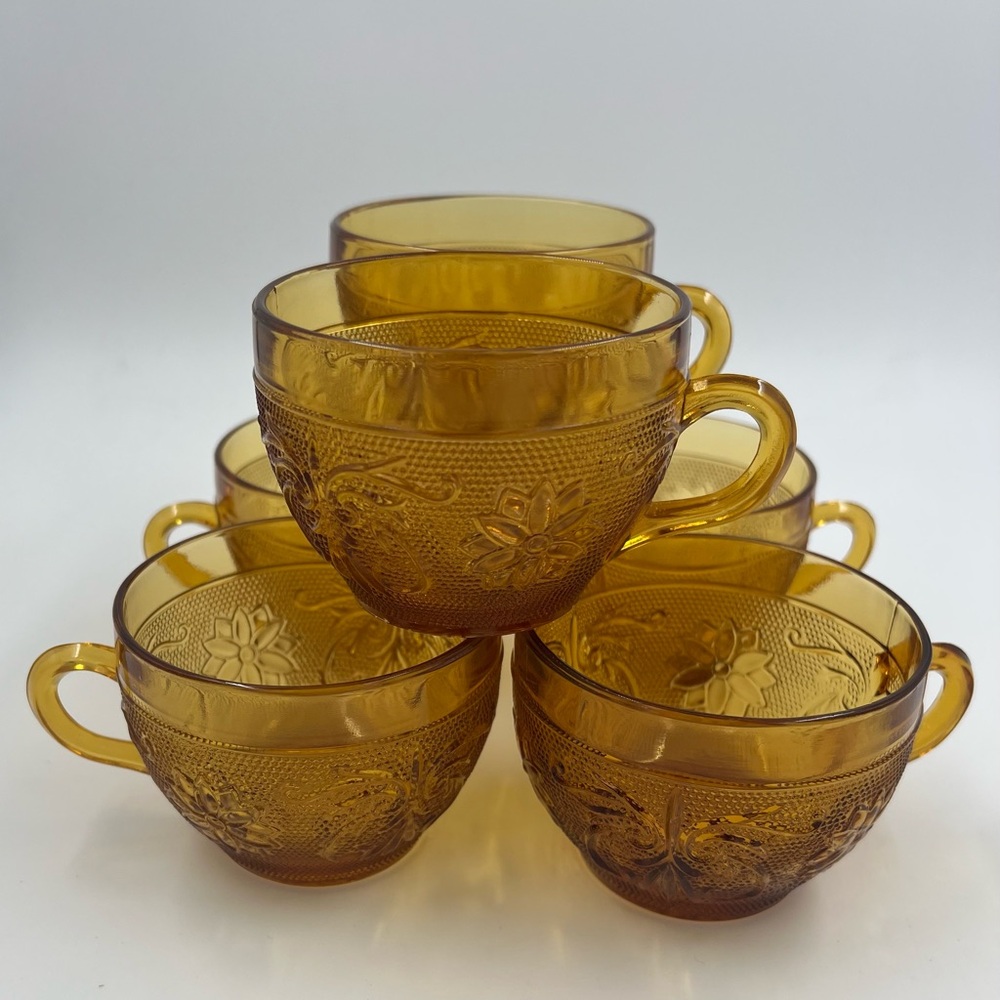 Vintage Indiana Glass Amber Tiara Sandwich Tea Cup Coffee Mugs Set of 6